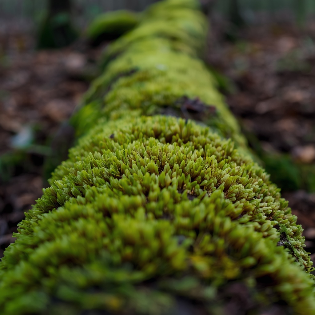 Nano Banana2 prompt: A macro shot of vibrant green moss growing on a fallen log in a damp forest, no woman